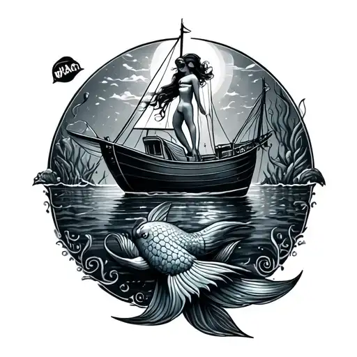 boat named mermaid, scuba diving tattoo design idea
