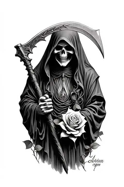 hooded Reaper, darkness,, scary, holding a scythe, roses tattoo design idea
