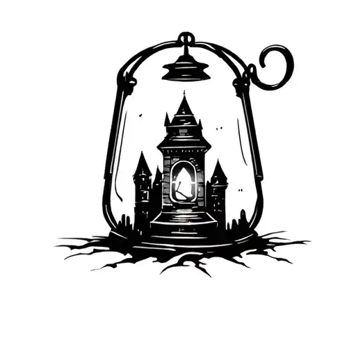 A miniature castle ruin inside a glowing lantern, as if trapped in time. tattoo design idea