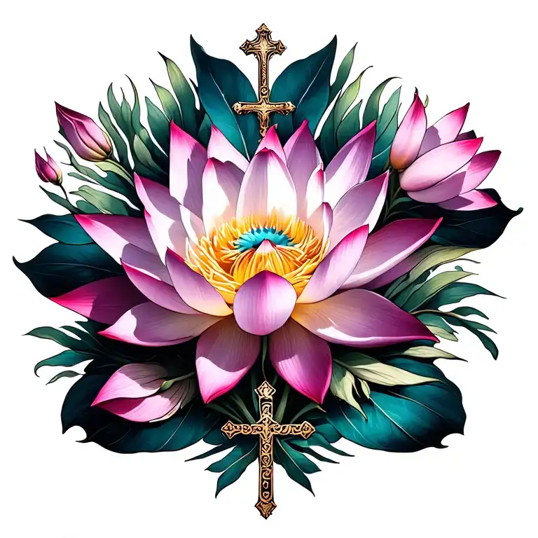 lotus flowers with thigh garter bands and crosses tattoo design idea