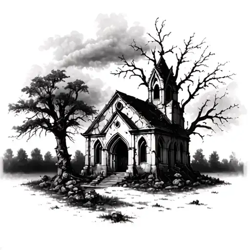 ruin church with dead trees and dark clouds and black roses tattoo design idea