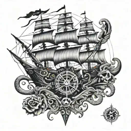 clipper ship skull compass octopus wrapped tattoo design idea