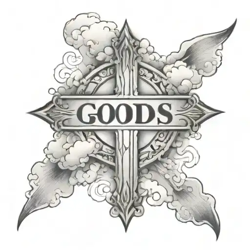 the words "Gods child" surrounded by clouds with a cross in the middle tattoo design idea