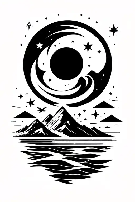 sun, moon, stars, mountain, sea, wind, fire, navigation, birds tattoo design idea