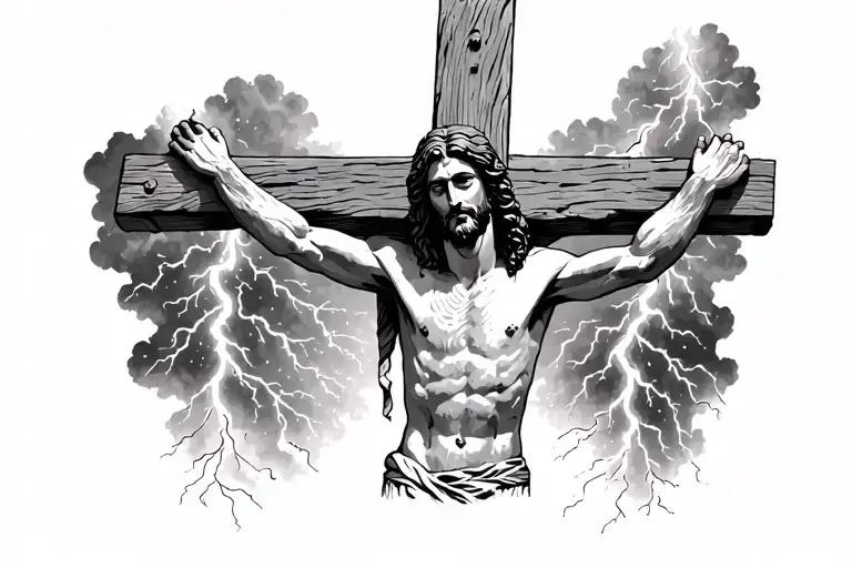 Jesus on the cross, in the background there is a thunderstorm, lightning, and fire tattoo design idea