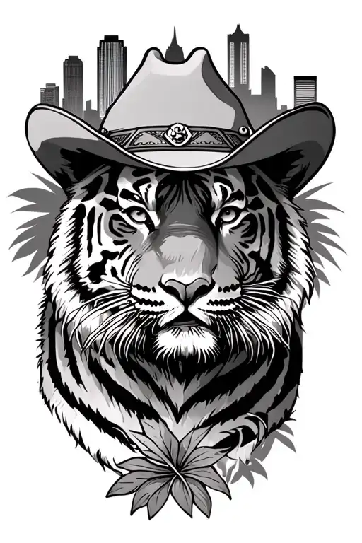 tiger wearing a cowboy hat with jungle leaves with the dallas skyline half sleeve tatoo design tattoo design idea