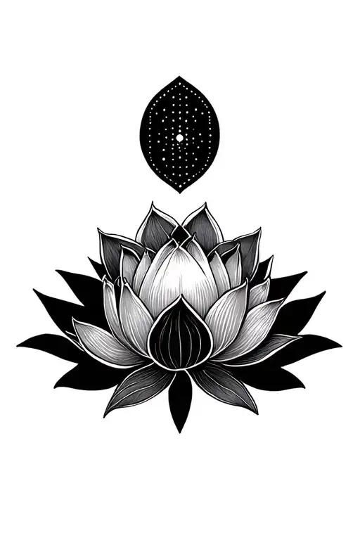 geometric pattern with blooming lotus in the center with crescent moon above with dot work tattoo design idea