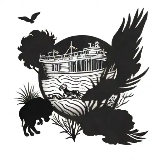 Tattoo of Noah's ark with lions and other apex predators. Include calm seas and doves returning with olive branches  tattoo design idea