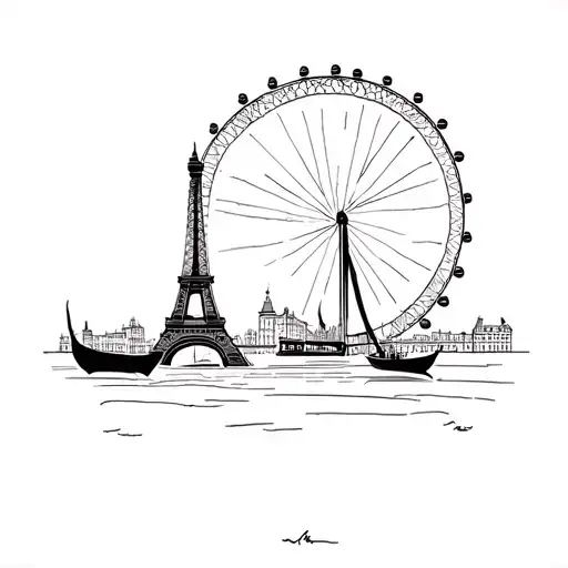 Eiffel Tower, London eye and gondola going across them tattoo design idea