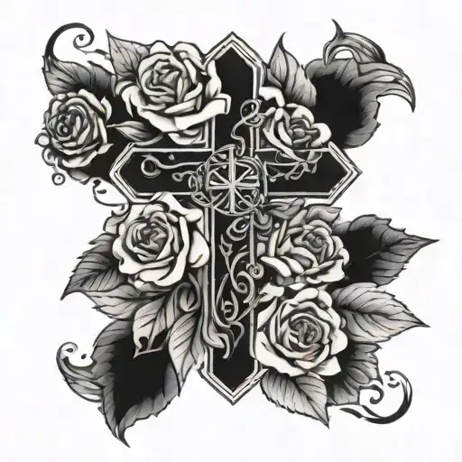 cross surrounded by roses blooming tattoo design idea