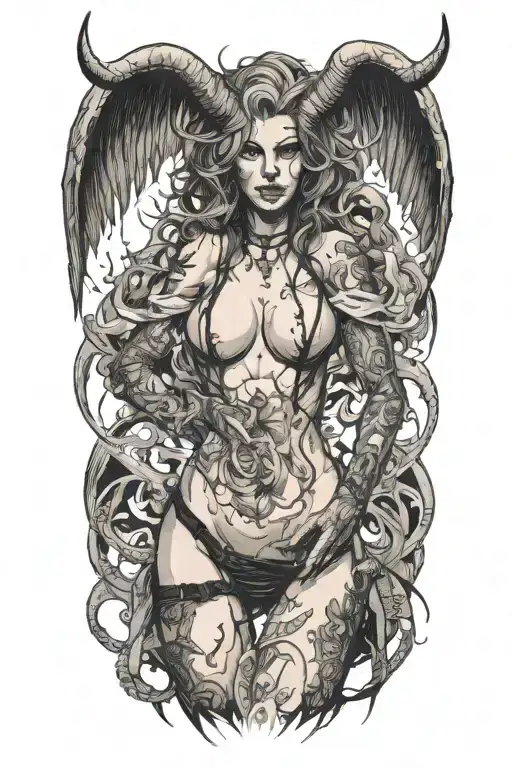 Sexy Pale Girl, petite, big boobs, wide hips, G-String. Messy hair, demonic horns, sexual. Seductive smile. Full Body tattoo design idea