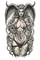 Sexy Pale Girl, petite, big boobs, wide hips, G-String. Messy hair, demonic horns, sexual. Seductive smile. Full Body tattoo design idea