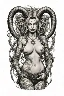 Sexy Pale Girl, petite, big boobs, wide hips, G-String. Messy hair, demonic horns, sexual. Seductive smile. Full Body tattoo design idea