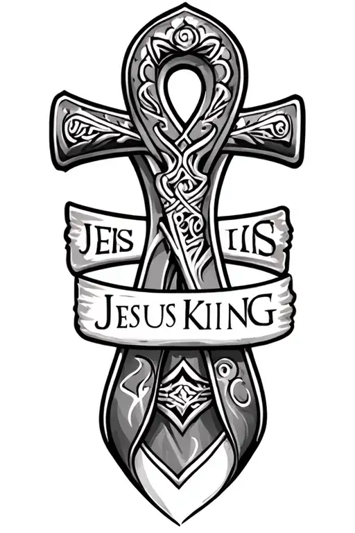 Ankh tattoo on black men shoulder with it saying Jesus Is King with lots of details and shading tattoo design idea