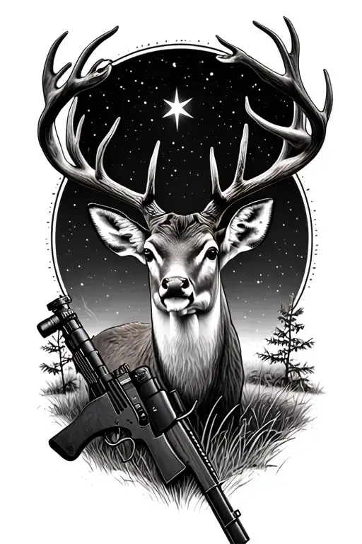  hunting background with fallow deer and a rifle with scope on a star lit night black and white tattoo design idea