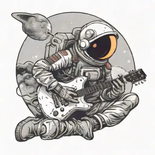Astronaut sitting in moon playing guitar with aliena tattoo design idea