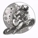 Astronaut sitting in moon playing guitar with aliena tattoo design idea