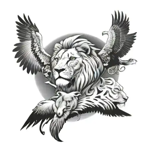safari theme with lion, eagles, elephants  tattoo design idea