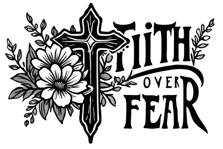 Dainty tattoo that says faith over fear with a cross and flowers in a line small tattoo design idea