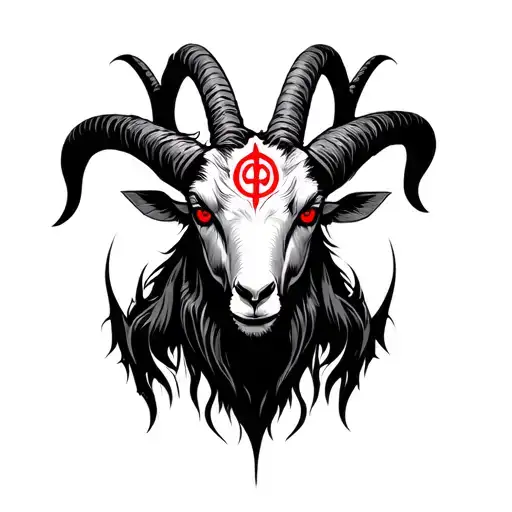 A black white shaded demonic Baphomet goats with red eyes on the forehead a red symbol tattoo design idea