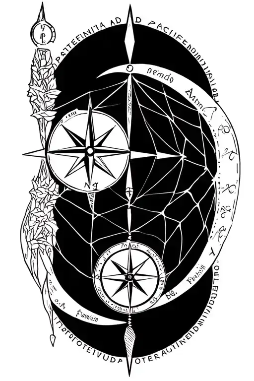 web of wyrd connected to vegvisir viking compass with the phrase patientia ad accipiendum, fortitudo ad perficiendum tattoo design idea