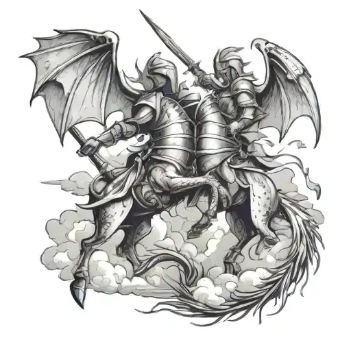 background tattoo knights fighting dragons flying in the sky on a battlefield tattoo design idea