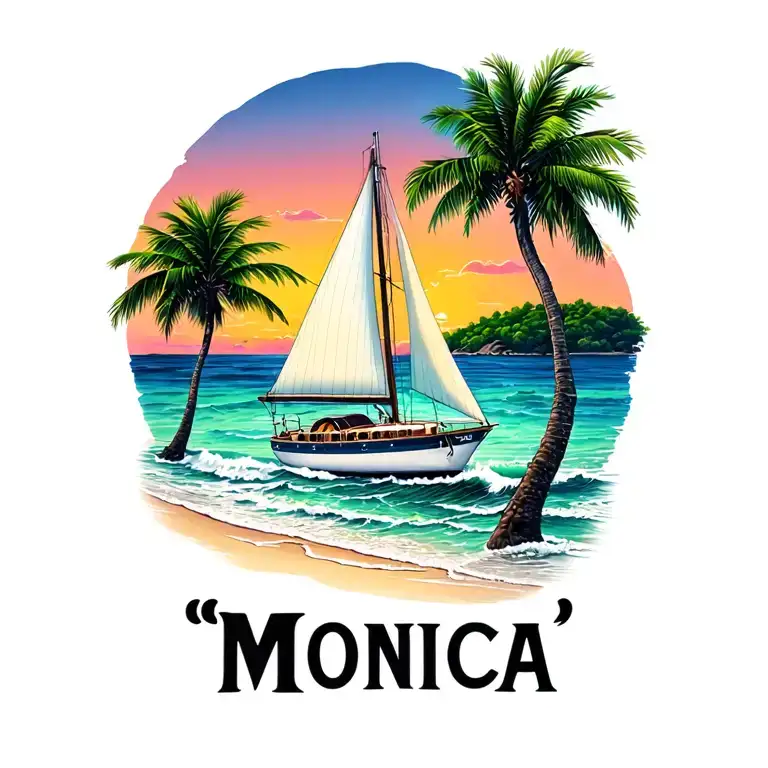 "Monica" "Monica" white sailboat, sunset sky, distant island with palms, ocean waves, beach tattoo design idea
