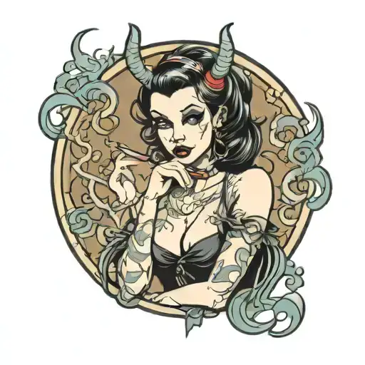 goth succubus pin up hold a cigarette tattoo design idea