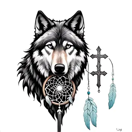 Cross intertwined with dream catcher and wolf  tattoo design idea