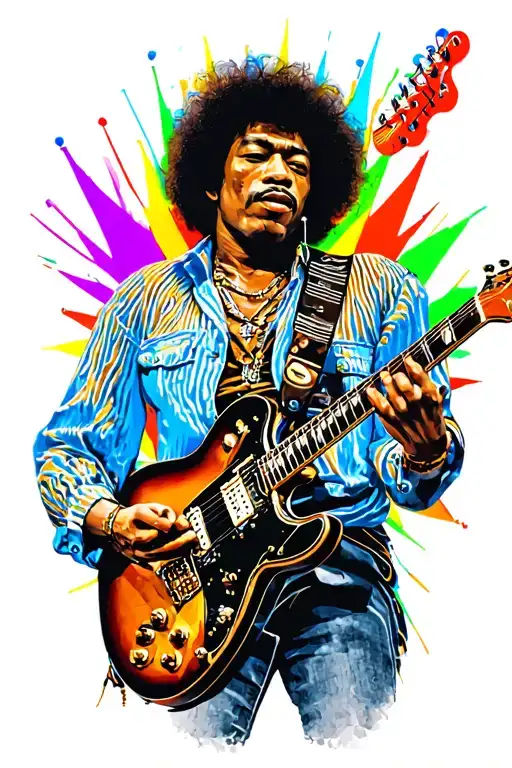 Jimi Hendrix playing guitar the notes flying into a Prisma outcoming color Lights becoming the abbyroad Zebra crossing tattoo design idea