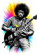 Jimi Hendrix playing guitar the notes flying into a Prisma outcoming color Lights becoming the abbyroad Zebra crossing tattoo design idea