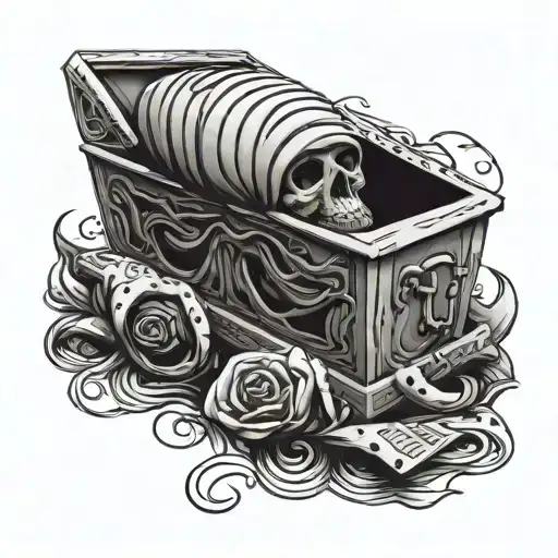 tut Spelled out and Is rapped like a mummy, inside a casket  tattoo design idea