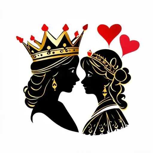 Royal family of a queen and princess with a golden crown topped with hearts  tattoo design idea