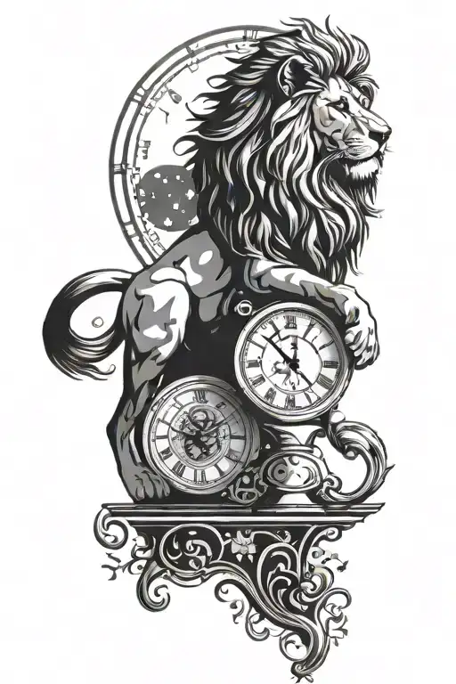 lion on top of a clock surrounded by stars  tattoo design idea