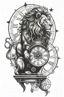 lion on top of a clock surrounded by stars  tattoo design idea