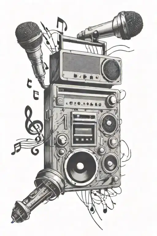 boombox, microphone, music notes floating tattoo design idea