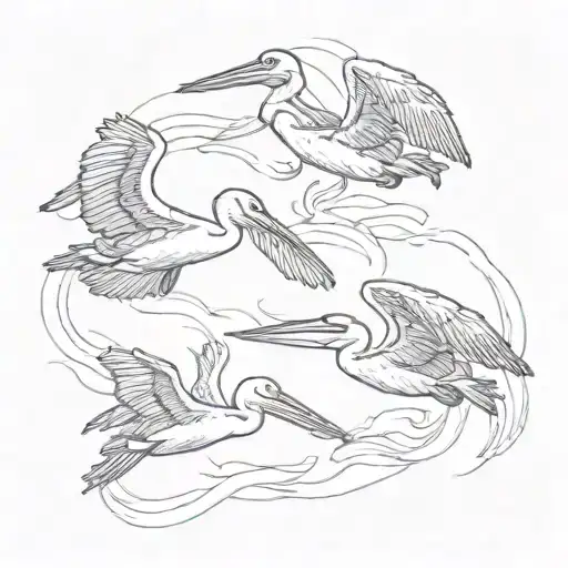 four pelicans flying in a line  tattoo design idea