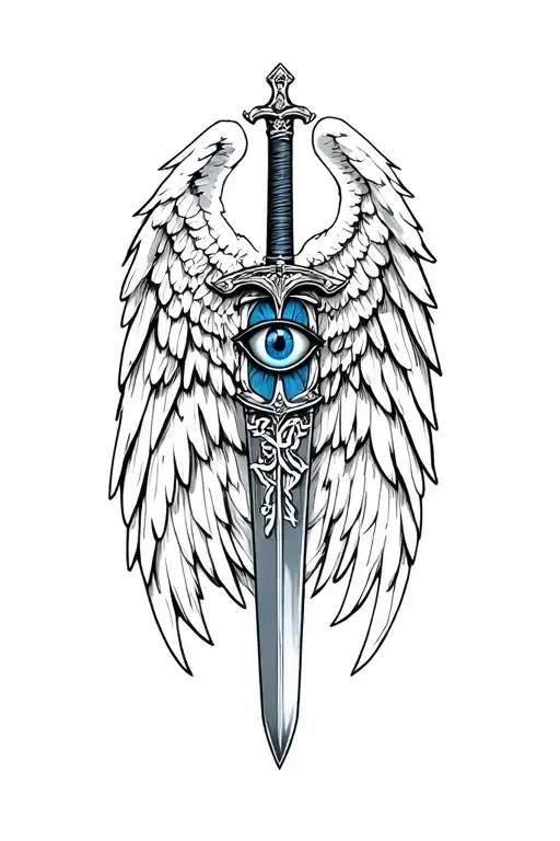 st michael sword one angel wing, blue greek eye tattoo design idea