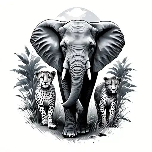 elephant and cheetah walking surrounded by nature scene tattoo design idea
