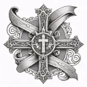 fancy cross with banner wrapped tattoo design idea