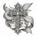 fancy cross with banner wrapped tattoo design idea