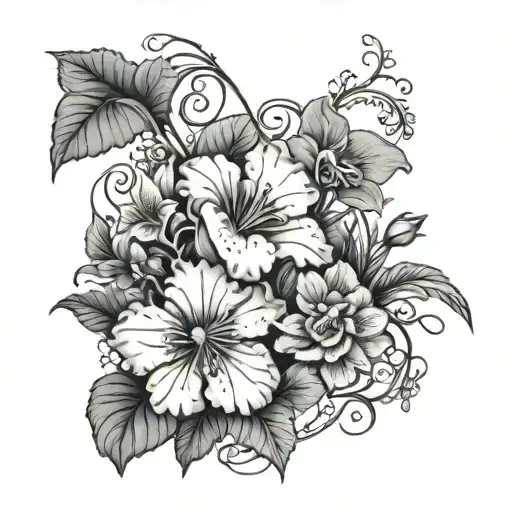 Sleeve vine that includes geraniums, Pansy, honey suckle, water lily and Orchid  tattoo design idea