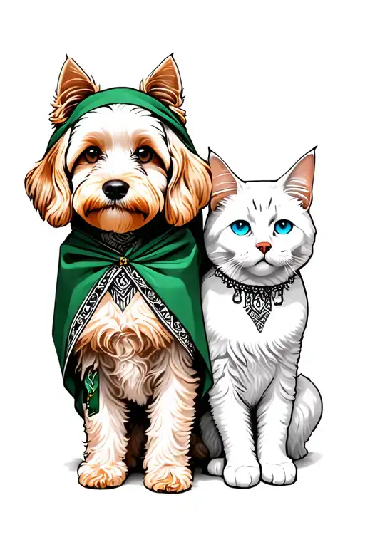 cute goldendoodle with hazel eyes back to back with a white siberian cat with blue eyes, both wearing green cloak on hea tattoo design idea