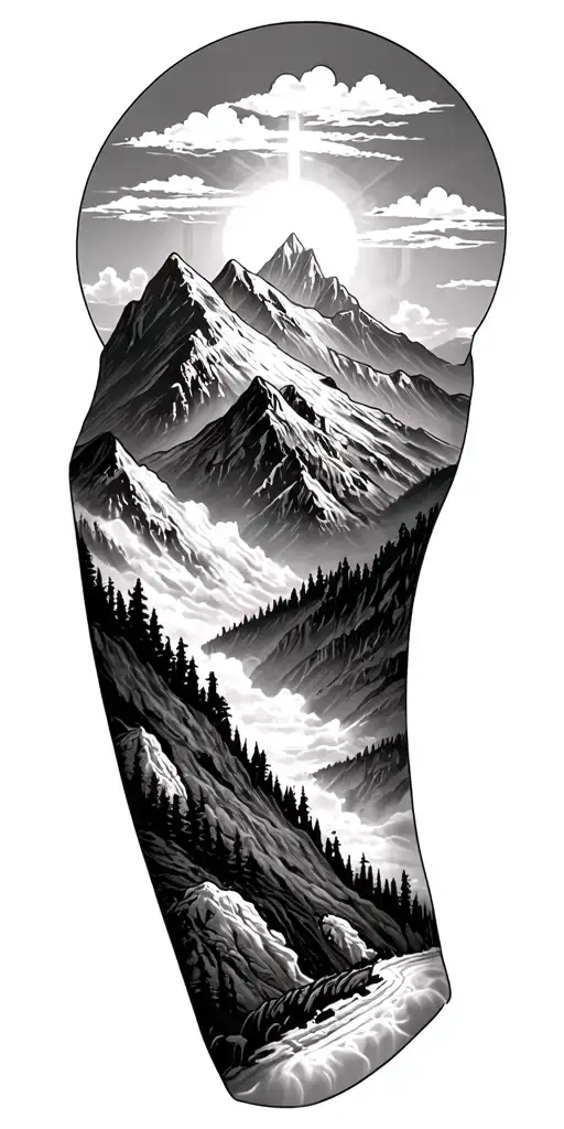 a journey through a mountain towards God with praying hands at the top. sleeve tattoo tattoo design idea