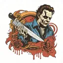 Michael Myers with a bloody knife behind him    tattoo design idea