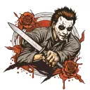 Michael Myers with a bloody knife behind him    tattoo design idea