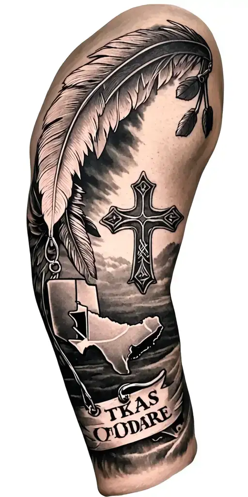 western are sleeve ideas for men with a cow tag and feathers and a cross and state of texas tattoo design idea