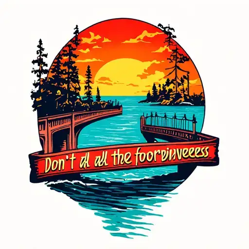 Burning bridge with quote burn all the bridges Don’t ask forgiveness with a sunset background  tattoo design idea