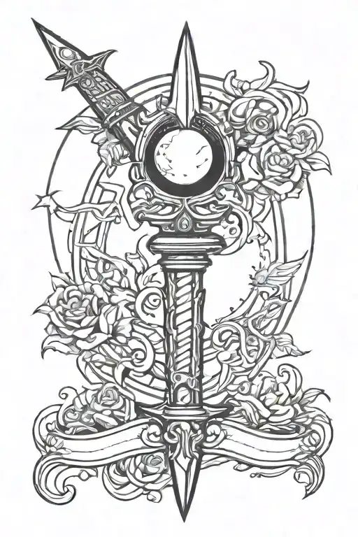 symmetrical dagger with moon and witchy theme tattoo design idea