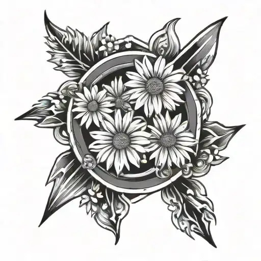 Daisies wrapping around fire chief patch work tattoo design idea